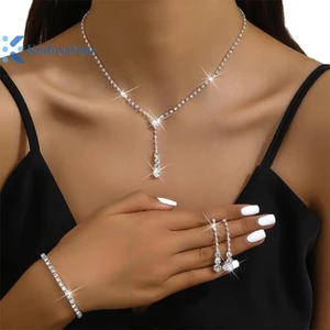 Kudosation 4 Thời Trang Cưới Bộ Trang Sức Kim Cương Giả Vòng Cổ Bông Tai Bộ Vòng Tay Nữ Tiệc Phụ Kiện Trang Sức
