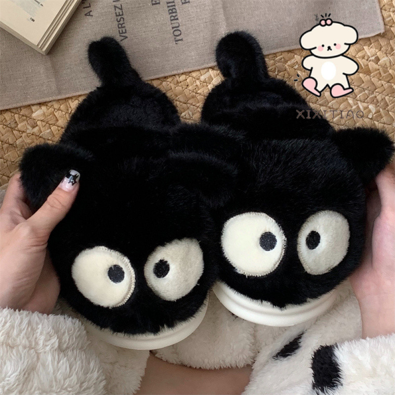 Xixitiao Giày Cotton Xấu Xí Dễ Thương Mắt To Nhỏ Mèo Đen Nữ Lông Cừu Ấm Nhà Nửa Gót Đế Mềm Lông