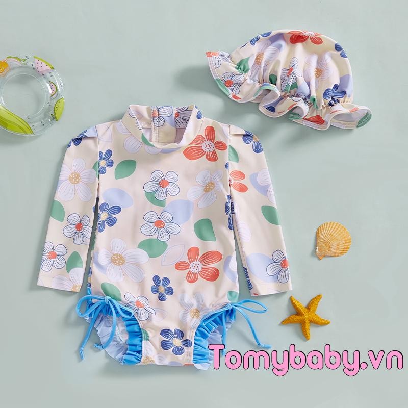 Bé Gái Rash Guard Đồ Bơi In Hoa / Vỏ Dài Tay Võng Cổ Bộ Đồ Tắm + Mũ