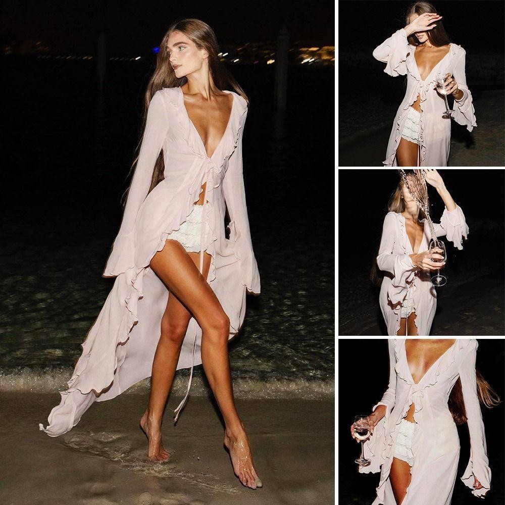 Pwssend Đi Biển Mùa Hè Che, Đầm Đi Biển Xù Cổ Chữ V, Thời Trang Dài Tay Kỳ Nghỉ Rời Bikini Chống Nắng Smock Cho Nữ