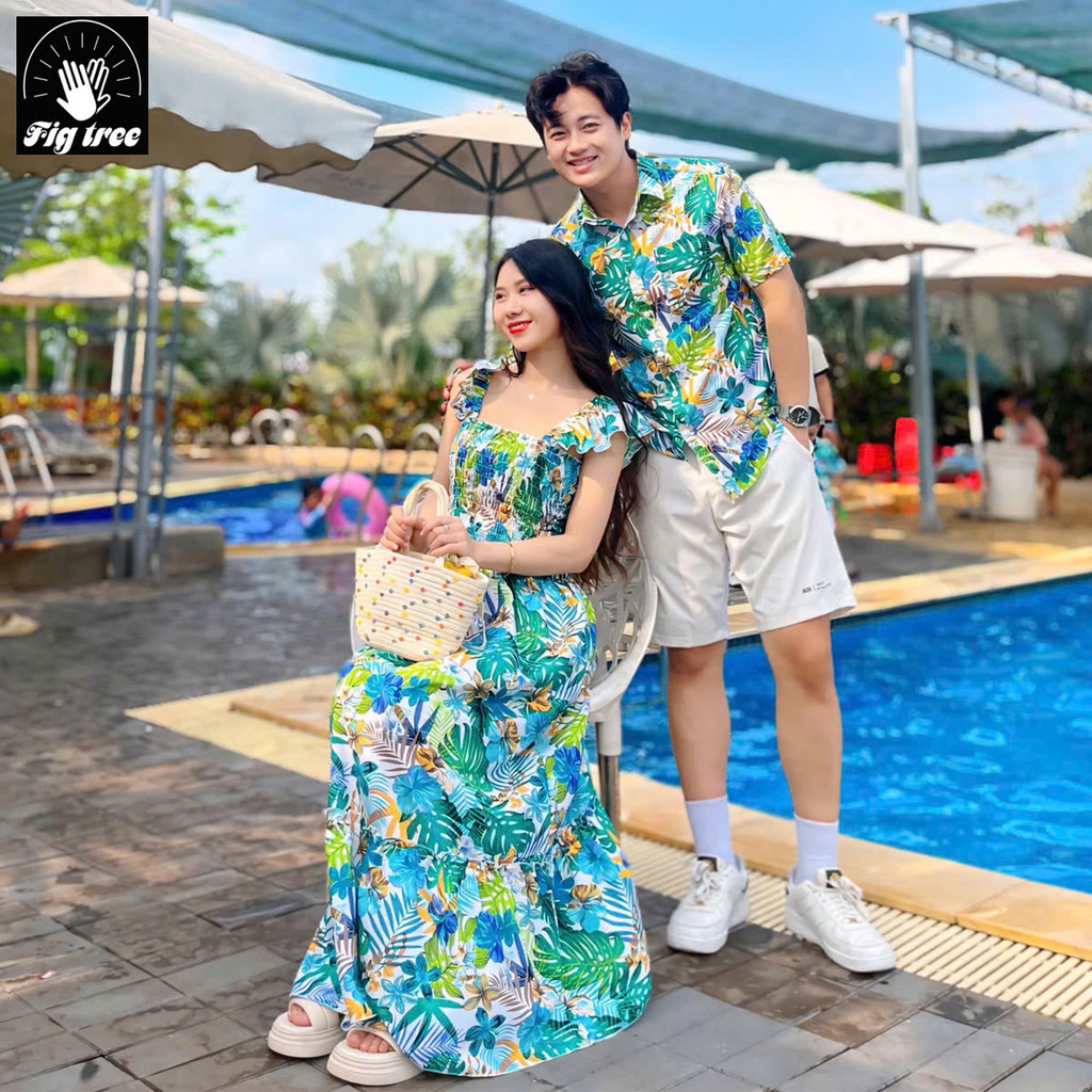 Đồ Đôi  Đi Biển Fig Tree Họa Tiết Hoa Lá Xanh Tươi Mát MS 191- Hàng Thiết Kế