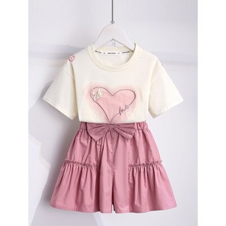 Bộ đồ bé gái mùa hè dễ thương - Áo thun tim phối nơ kèm quần short váy thời trang cho bé lớn