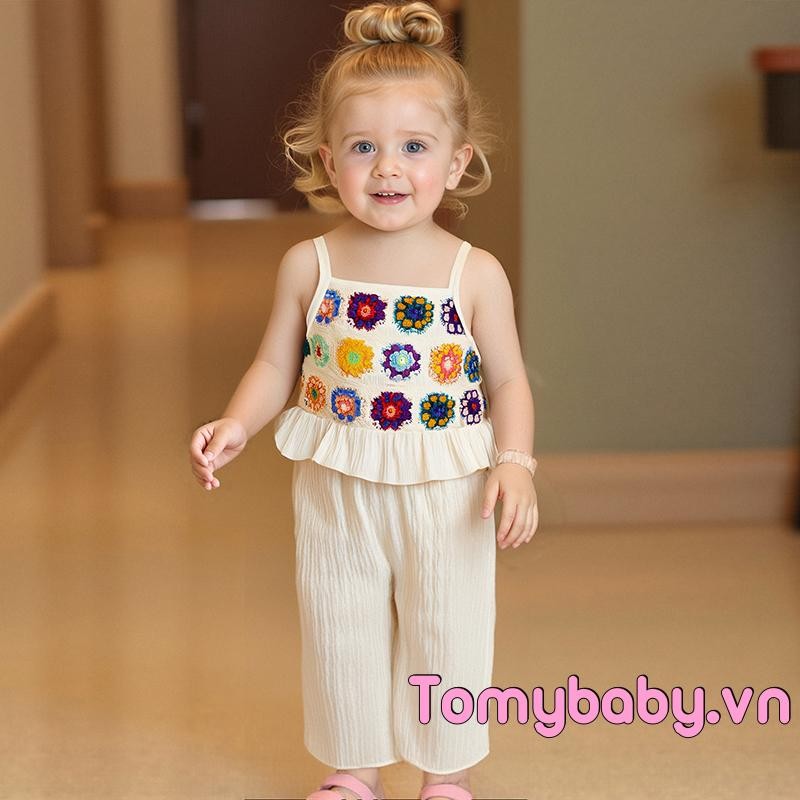 Bộ trang phục 2 món cho bé gái mới biết đi Hoa móc / Bộ Áo hai dây xù trái cây + Bộ quần thun
