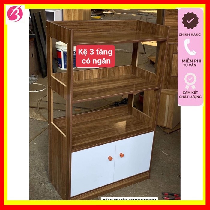 Tủ bếp, kệ lò vi sóng 4 tầng CÓ NGĂN TỦ để đồ nhà bếp chất liệu gỗ MDF kích thước 100x60x30cm