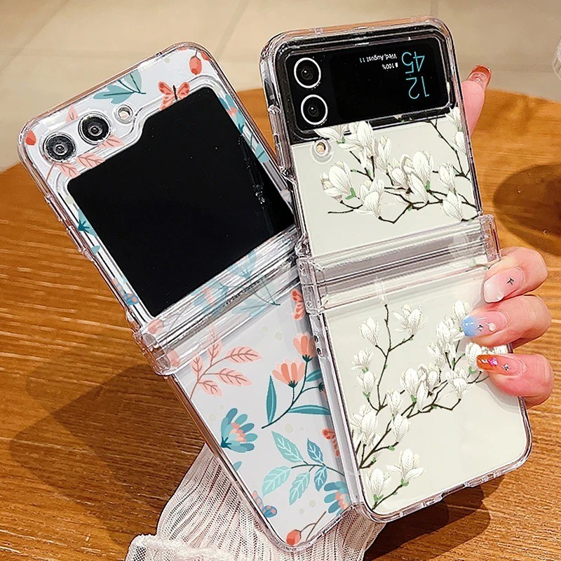 Vỏ Sang Trọng Cho Samsung Galaxy Z Flip 5 Flip 4 Flip3 Full Bản Lề Hoa Trong Suốt Gấp PC Vỏ Điện Thoại Cho Samsung Galaxy Z Flip 5 4 3 Ốp Lưng Cứng Chống Sốc