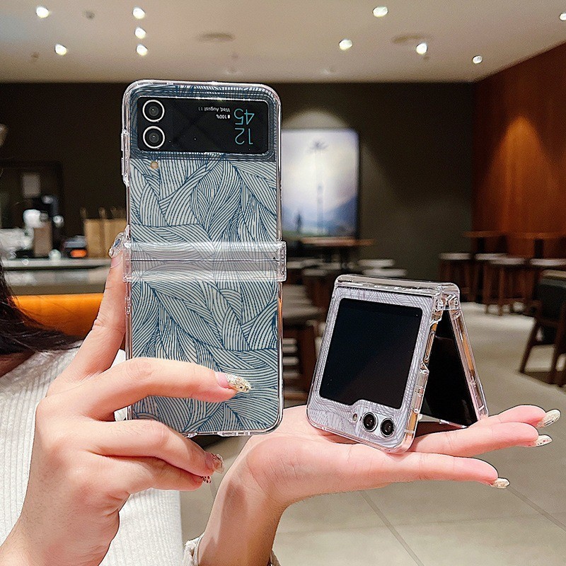 Họa Tiết Lá Trong Suốt Vỏ Điện Thoại Cho Samsung Galaxy Z Flip5 Flip4 Flip3 Full Bản Lề Cứng Trong Suốt Gấp Ốp Lưng Cho Samsung Z Flip 5 4 3