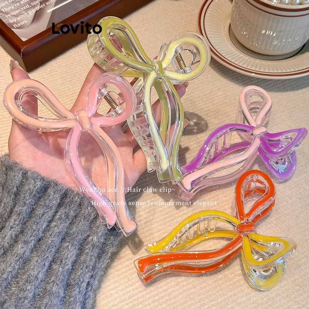 Ảnh Kẹp tóc Lovito màu trơn nơ ghép nối màu sắc phong cách thường ngày cho nữ LFA30377 4