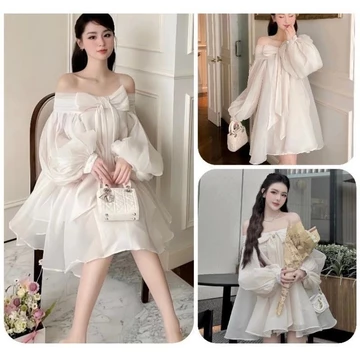 Váy babydoll trễ vai, đầm babydoll nơ ngực chất von mềm tay phồng xinh xắn B622