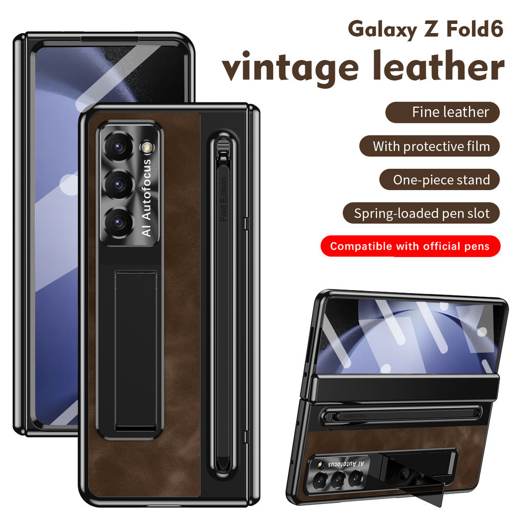 Giá đỡ da sang trọng có khe cắm bút Stylus Samsung Galaxy Z Fold 6 Z Fold 5 Z Fold 4 Vỏ bảo vệ bản lề màn hình kính cho Z Fold4 Fold5 Fold6