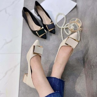 Giày Cao Gót Nữ Mũi Nhọn Giày Búp Bê gót vuông cao 5P khóa Chữ nhật êm và mềm - Cao 5cm - size 35 tới 40 mã Cheo555 Shoe