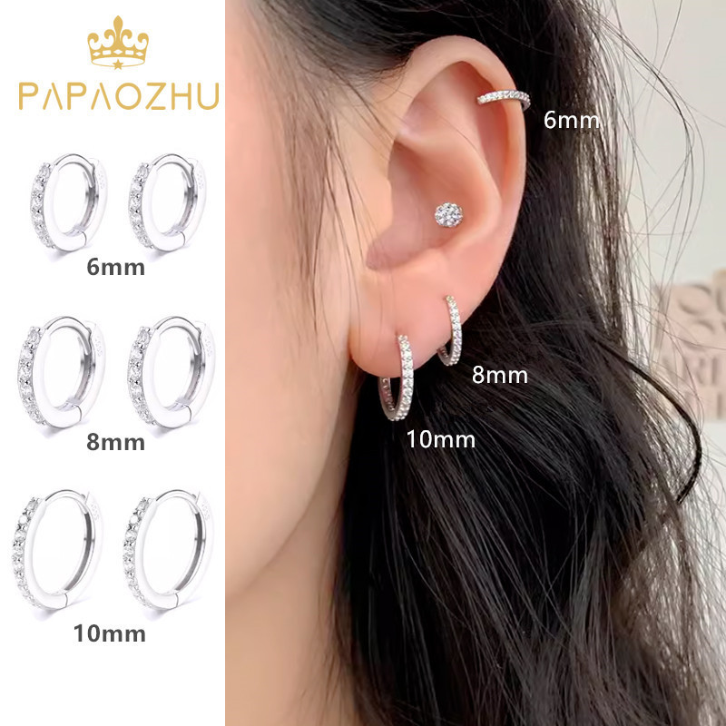 Papaozhu Tối Giản S925 Bạc Sáng Pha Lê Xuyên Vòng Bông Tai Dành Cho Nữ Cô Gái Tai Thanh Lịch Vòng Tròn Trang Sức Phụ Kiện