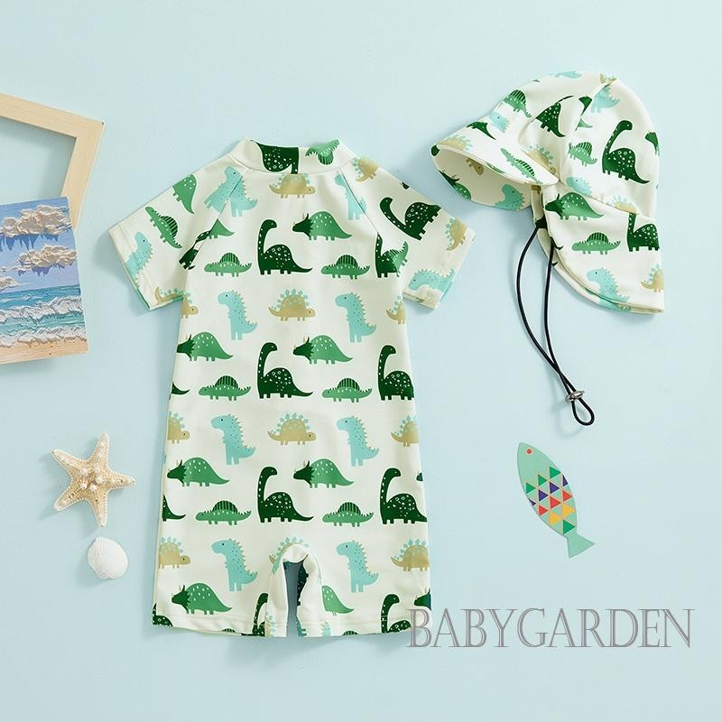 Baga-3 tuổi Đồ bơi bé trai có mũ / chống nắng tay ngắn cổ tròn in hình động vật Đồ bơi có dây kéo