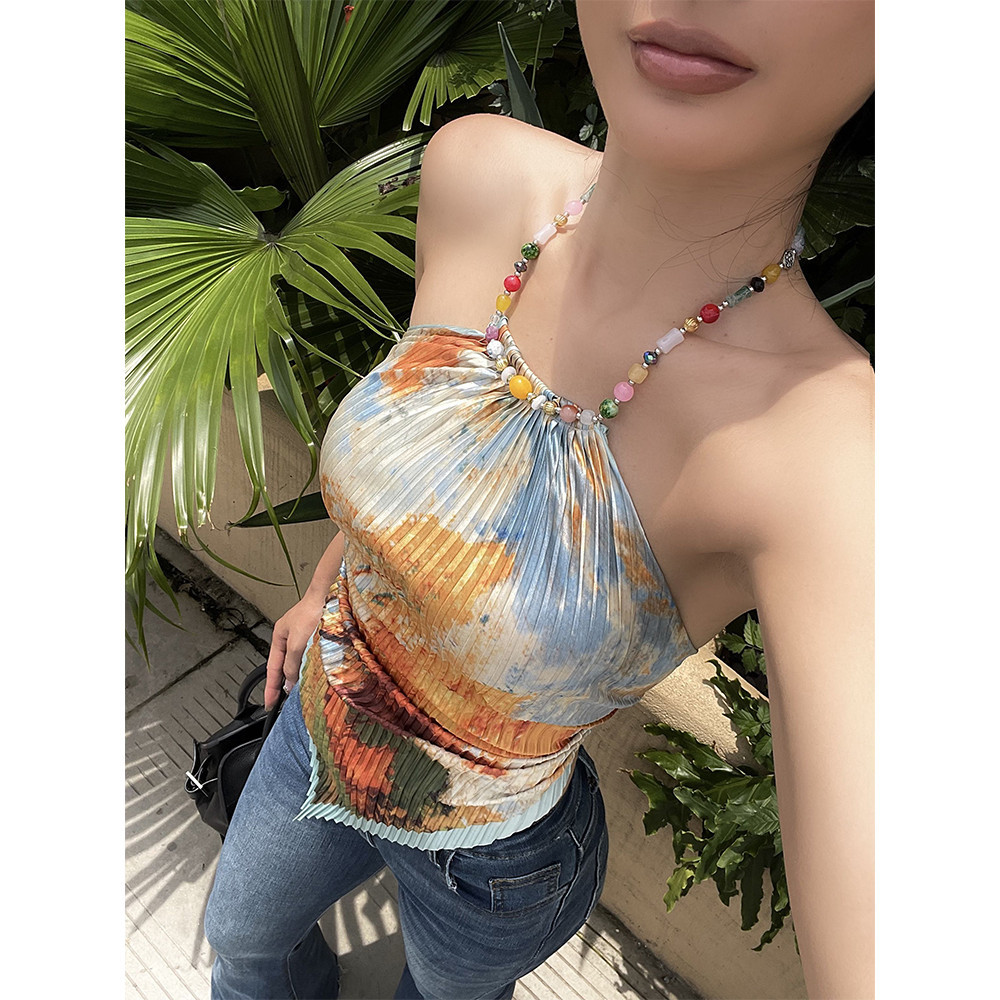 Áo dây camisole ngắn in họa tiết đính hạt phong cách Bohemian Mỹ, thiết kế gợi cảm, lưng đẹp, kiểu vest dễ thương
