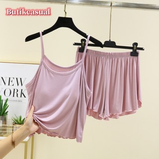 Phụ Nữ Modal Ngực Bộ Quần Short Trơn 2025 Mùa Hè Loungewear Rời Bộ Đồ Ngủ Thường Ngày 2 Bộ
