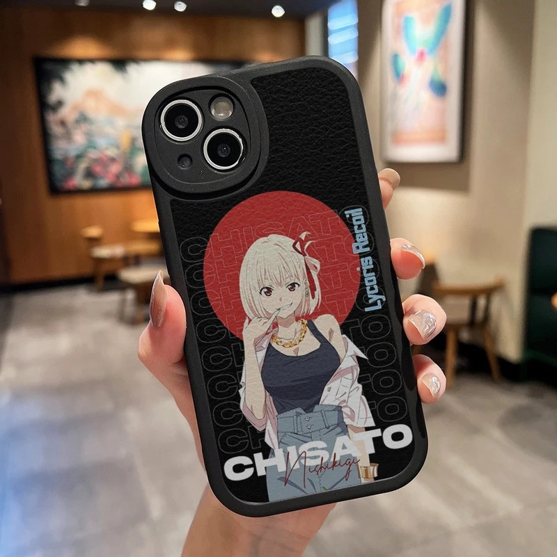 TP-1 Lycoris Recoil Chisato Nishikigi Vỏ Điện Thoại Da Đen Cho IPhone 16 13 12 17.35 11 14 Pro Max Mini Xr Plus Soft Si