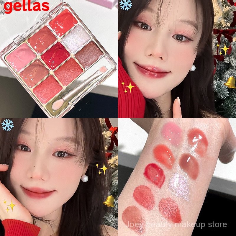 Gellas Son môi bảng màu thạch môi và má hai lần sử dụng nước son bóng gương Son nhung bùn chín màu xếp chồng tự làm bgxz