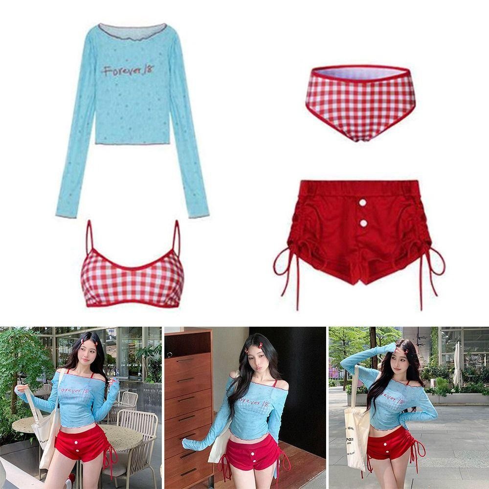 Hobbyin 4 Cái / bộ Bikini, Đồ bơi nữ thêu màu xanh Y2k, Áo Crop top chống nắng mùa hè