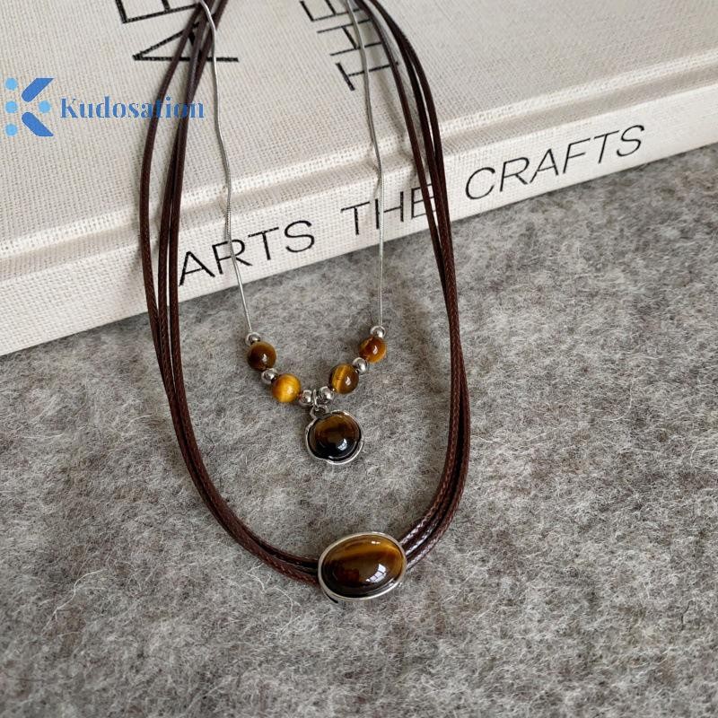Kudosation Vintage Da Nâu Đá Mặt Dây Chuyền Vòng Cổ Xếp Chồng Choker Tính Khí Xương Đòn Dây Chuyền Dành Cho Nữ Cô Gái Mùa Thu Đông Vòng Cổ