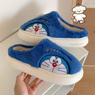 Xixitiao Thu Đông Doremon ip Đồng Thương Hiệu Ấm Baotou Dép Cotton Hoạt Hình Dễ Thương Tinkerbell Mèo Đế Mềm Confinement Giày Nữ