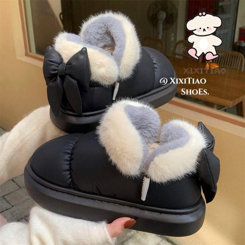 Xixitiao Mùa Đông Nơ Dễ Thương Giữ Ấm Lông Cừu-Flee Tuyết Giày Bốt Nam Nữ Sáng Tạo Phong Cách Mới Chống Thấm Nước Xuống Vải Mặc Bên Ngoài Giày Ngắn