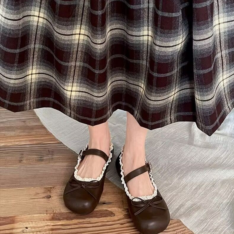 Giày đơn Mary Jane nơ cổ điển dành cho nữ Giày da Pháp đế dày mới 2025