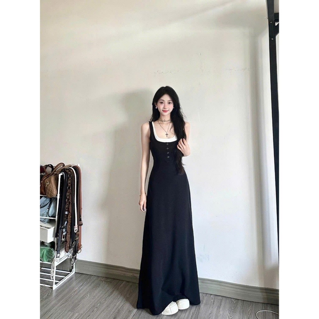 Váy đầm nữ maxi dáng dài chất liệu co giãn phối cổ trắng phong cách tiểu thư sang chảnh XIMIMI SP286