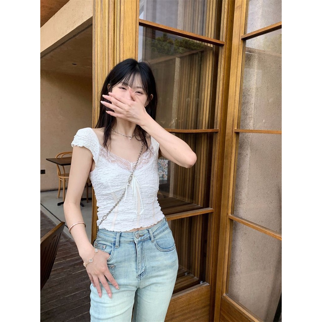 Milyfashion Ren Dệt Kim Sling Pure Desire Slim-fit baby tee Xếp Ly Vải Ruy Băng Nơ Ngắn Top