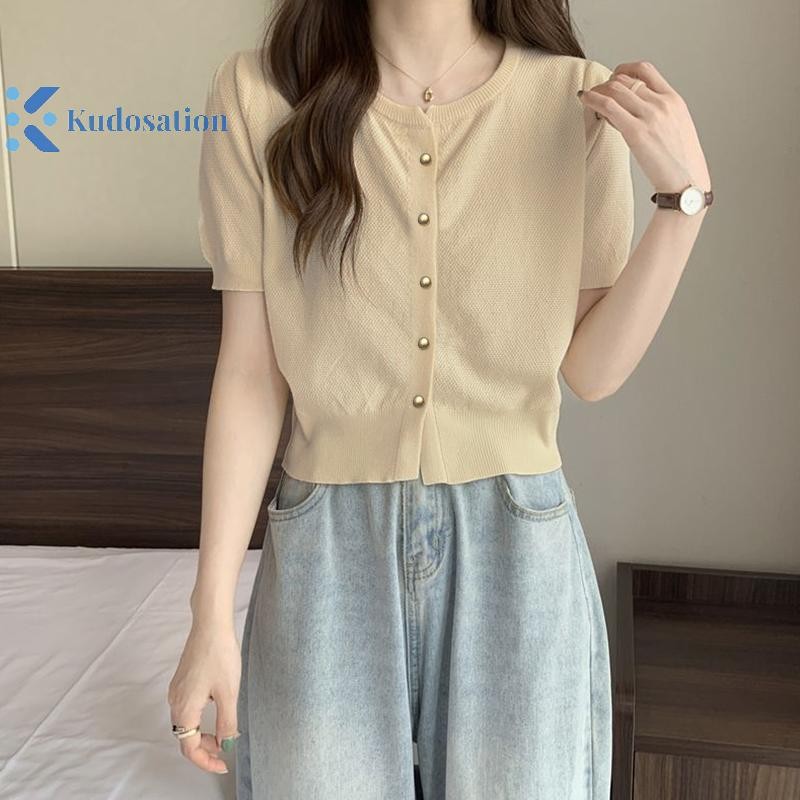Kudosation Thời Trang Cổ Tròn Nút Dệt Kim Tay Ngắn Cardigan Áo Thun Nữ Đẹp