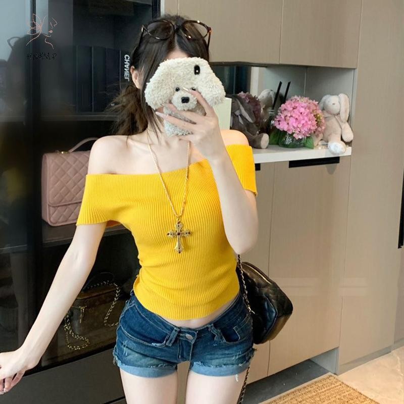 Hnkmp Xuân Hè Pure Desire Hot Girl Một Vai Slim Dopamine Dệt Kim Áo Tay Ngắn.