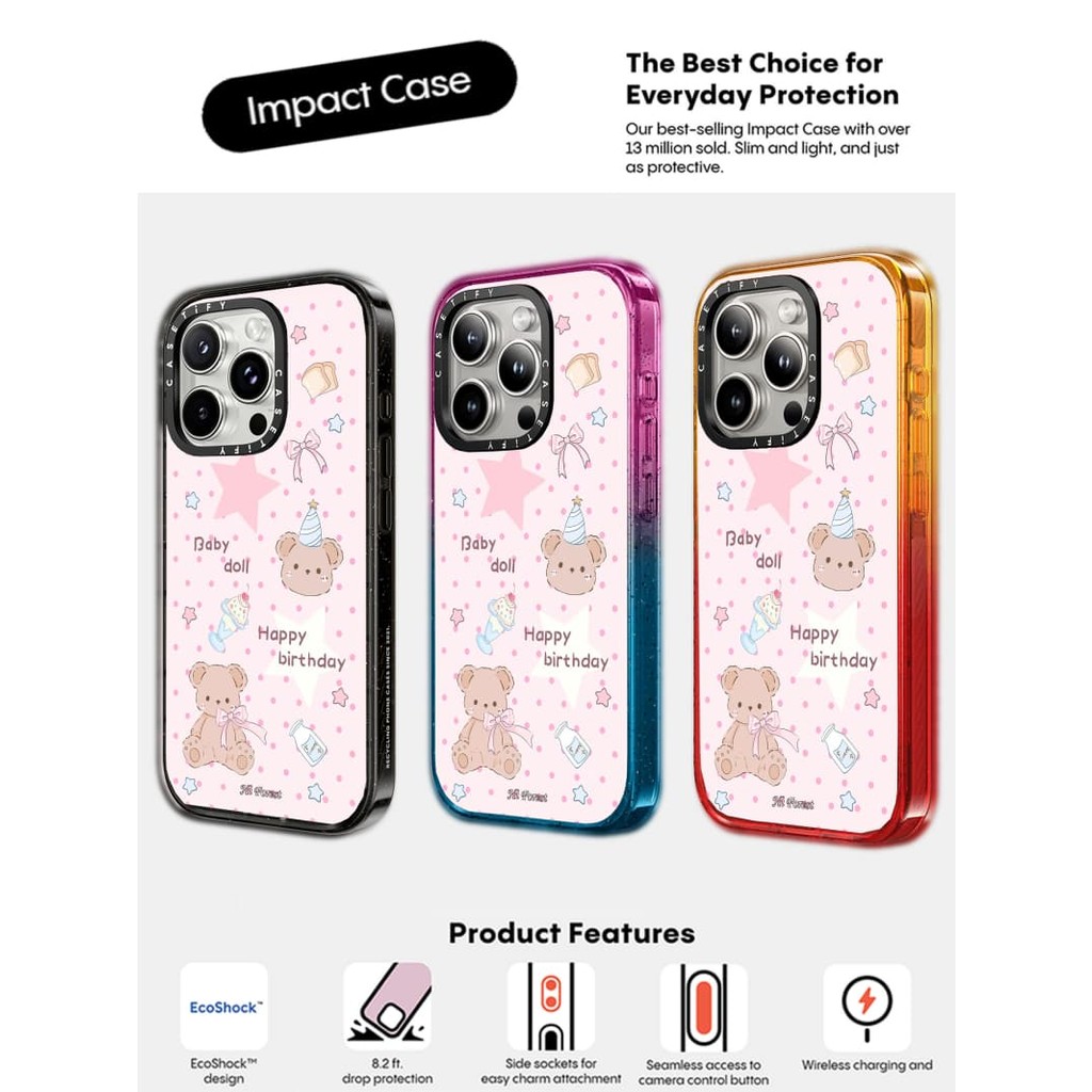 Casetify X Hi Forest Happy Every Day Ốp lưng cứng viền đen, chống sốc Impact, bộ sưu tập Peach Haze Cotton Candy, tương thích iPhone 12/13/14/15/16 Pro/Max/Plus, kèm hộp
