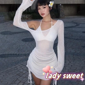 Đầm lệch vai nữ Váy ngắn tay dài có dây rút xếp li