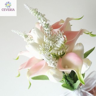 Bó hoa cưới cầm tay cô dâu nhân tạo cao su non mẫu Rum và tulip