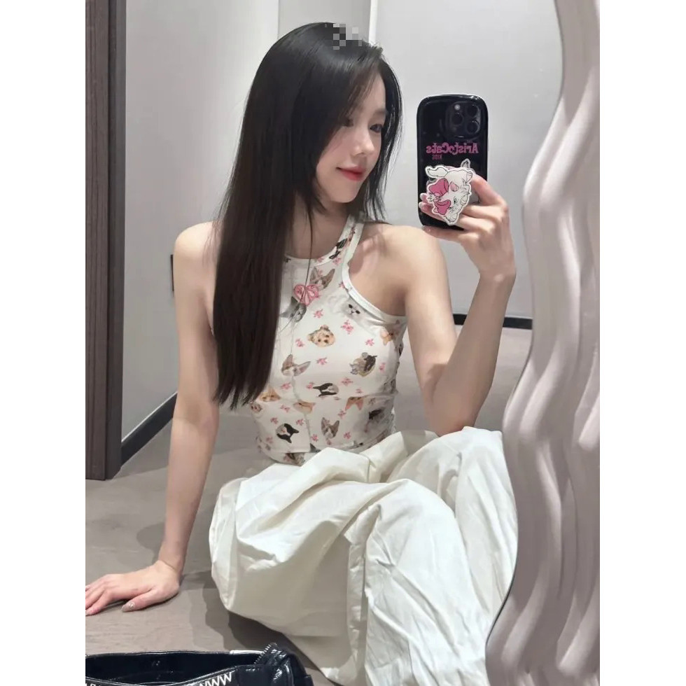 Milyfashion Thêu Trái Tim Động Vật In Hình Chữ I Áo yếm Mùa Hè Gợi Cảm Skinny quây Ngắn Mặc Ngoài