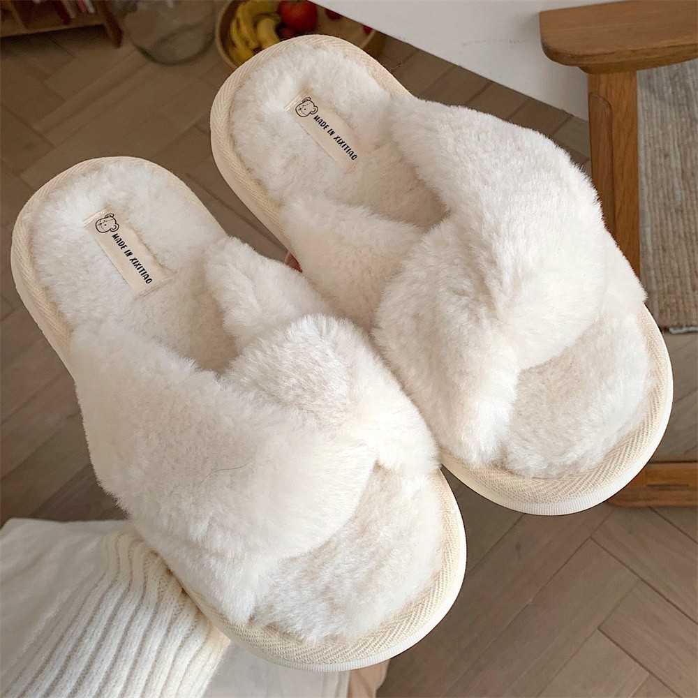 Xixitiao Dép Cotton Thời Trang PPR Đơn Giản Chữ Thập Màu Trơn Một Từ Nữ Thu Đông Giải Trí Nhà Trong Nhà Ấm Sang Trọng