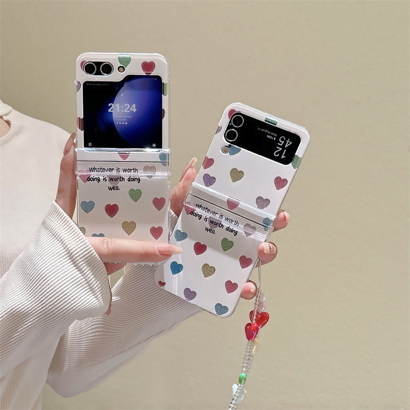 Giấy Laser Rock Nhạc Hello Kitty Vòng Tay Mèo Dây Đeo Tay Dây Xích Cứng Acrylic Vỏ Điện Thoại Cho Samsung Galaxy Z Flip 5 Flip 4 Flip 3 Ốp Lưng Chống Sốc