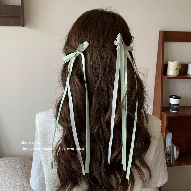 Kẹp tóc ruy băng Satin dài nơ hai tông màu - Kẹp tóc bện đuôi ngựa phong cách múa ba lê - Thời trang Hàn Quốc, ngọt ngào, dễ thương, thanh lịch - Kẹp mỏ vịt ren bên - Phụ kiện tóc phổ biến