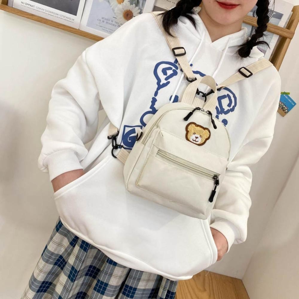 Ba lô nữ HOBBYIN, Ba lô Mini có thể điều chỉnh bằng vải, Ba lô đeo chéo hình gấu thêu hoạt hình có dây kéo di động dành cho nữ