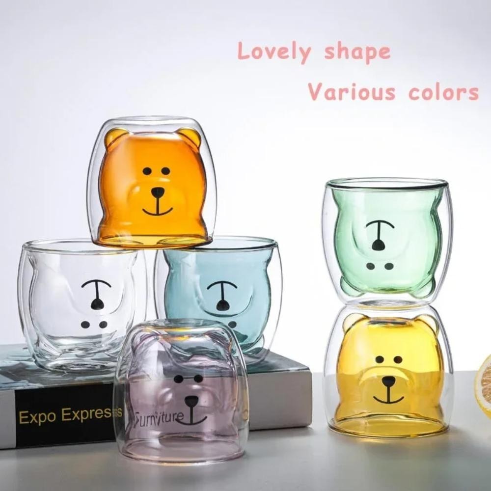 Cốc cà phê thủy tinh UMISTY, Cốc nước hình gấu hoạt hình 250ml, Tường đôi dễ thương trong suốt có tay cầm Cốc ăn sáng Văn phòng tại nhà