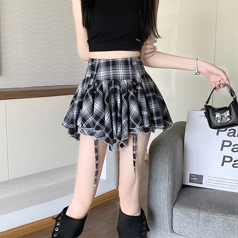 Suxi Retro Checkered Mùa Hè Mới Thường Ngày Ngọt Ngào Cao Cấp Nữ Váy Ngắn Chữ A Không Đều 240701