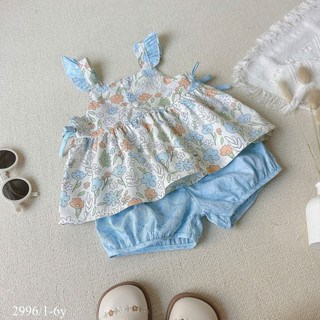 Set Bộ Hè Chất Cotton Cánh Tiên Phối Nơ Cho Bé Gái Mềm Mát 8-26kg