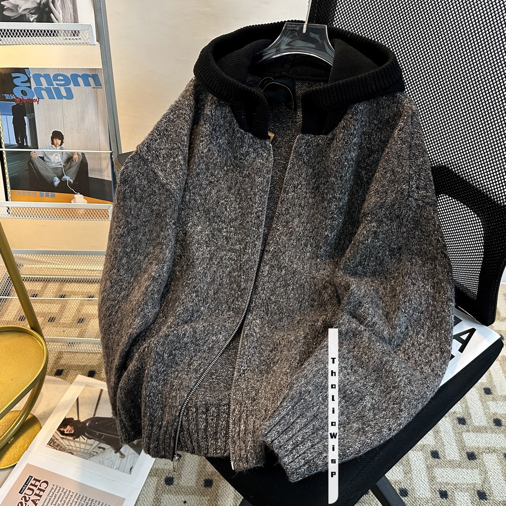 ThaliaWisp Mohair Áo Len Có Mũ Trùm Đầu Cardigan Nam Thu Đông Cao Cấp Mặc Thời Trang Thương Hiệu Cleanfit Áo Khoác Dệt Kim