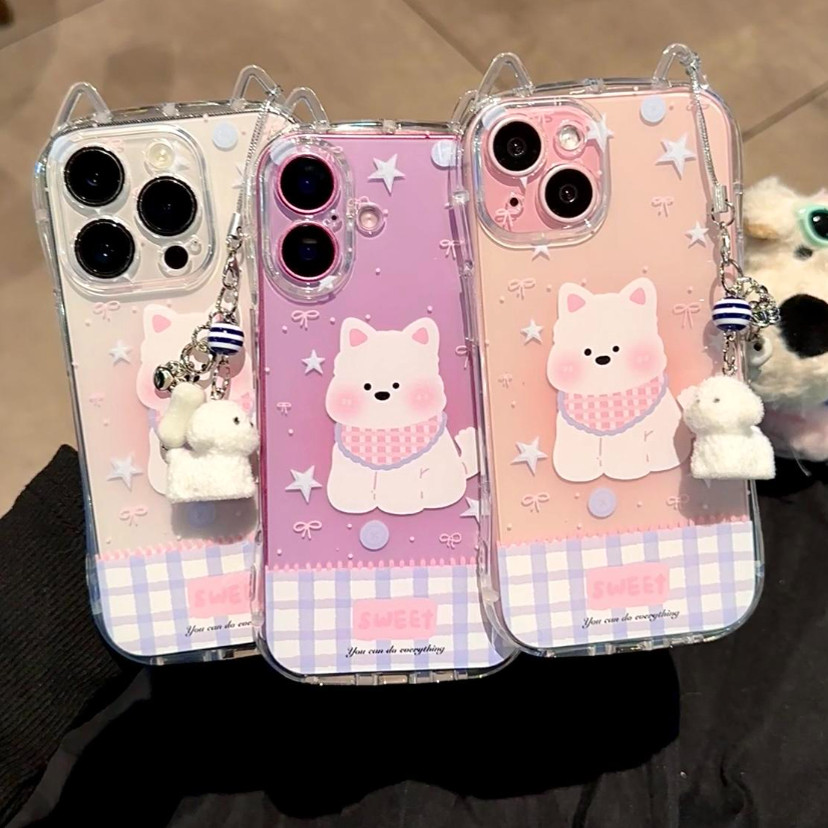 Ốp điện thoại mặt dây chuyền hình chú chó dễ thương cho iPhone 16 16Pro 16Plus 16Pro Max 11 12 13 14Plus 15Pro XR XS Max 7 8Plus Dây chuyền tình yêu dành cho bé gái Vỏ điện thoại di động chống rơi TED