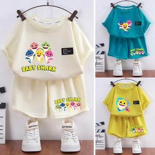 Bé Cá Mập Ngắn Tay Quần Short Hoạt Hình In Hình Thoải Mái Waffle Vải Mỏng Bé Trai Và Bé Gái Mặc Mặc Ở Nhà Bộ Pyjama