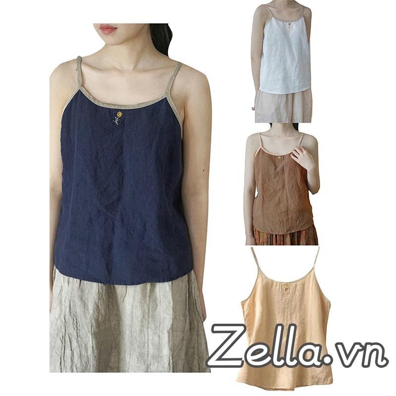Nữ Vải Lanh Cotton Crop Camisole Thêu Hoa Không Tay Spaghetti Dây Đeo Rời Áo