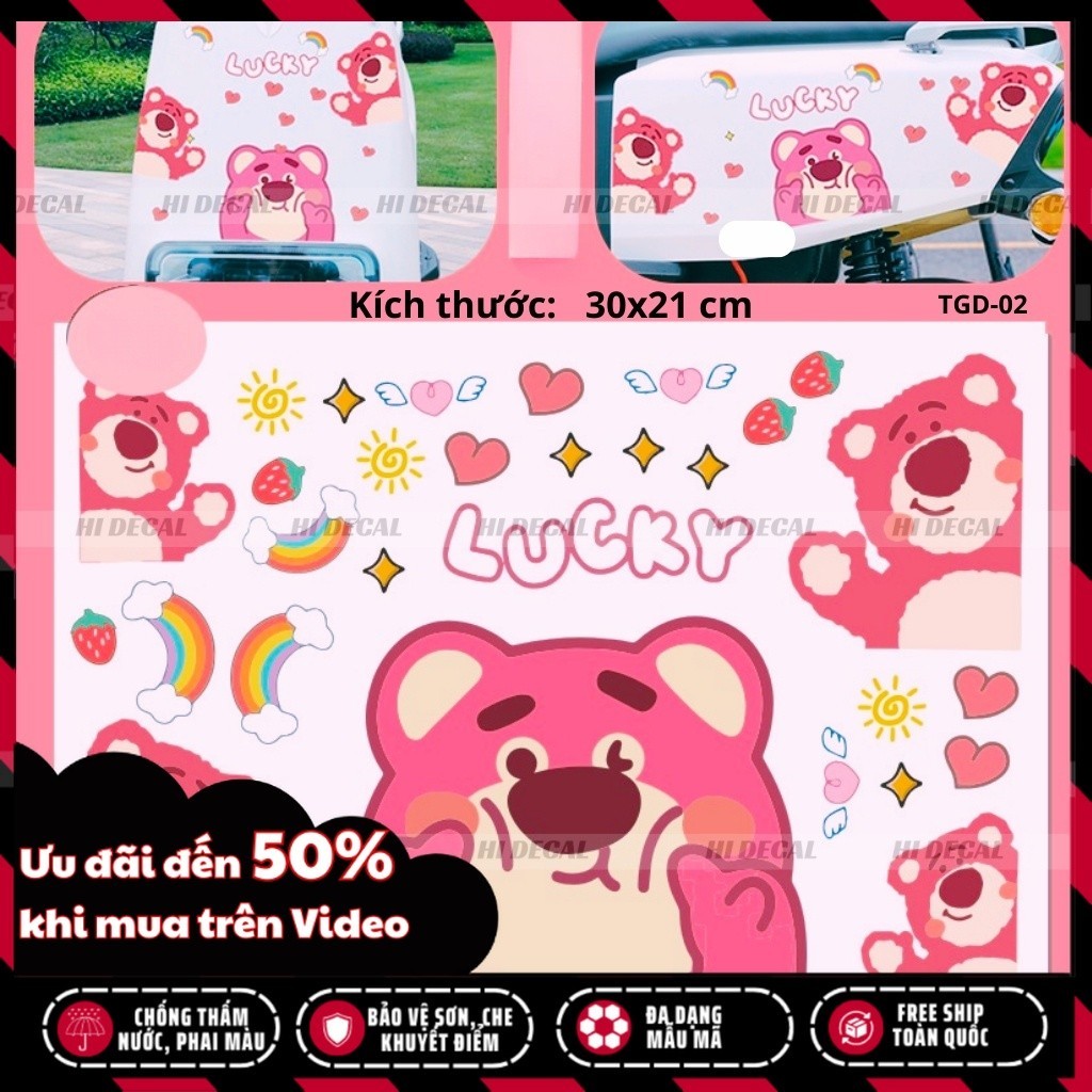 Hình dán sticker tem gấu dâu lotso dán xe dán điện thoại | TMN-H005 | Decal cao cấp chống nước, chống phai màu