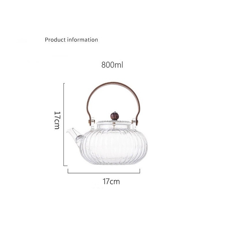 Ấm thủy tinh pha trà quai gỗ họa tiết sọc dọc kèm lọc inox 800 ml