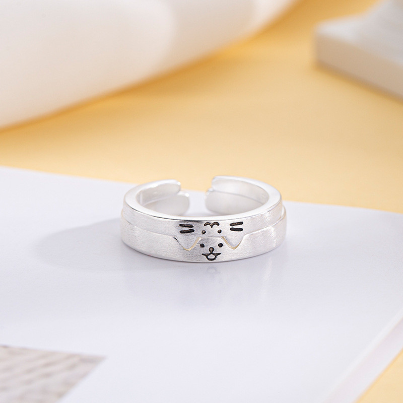 S925 Bạc Mèo Con Và Chó Con Cặp Đôi Nhẫn Hoạt Hình Dễ Thương Nam Nữ Cặp Đôi Bộ Nhẫn