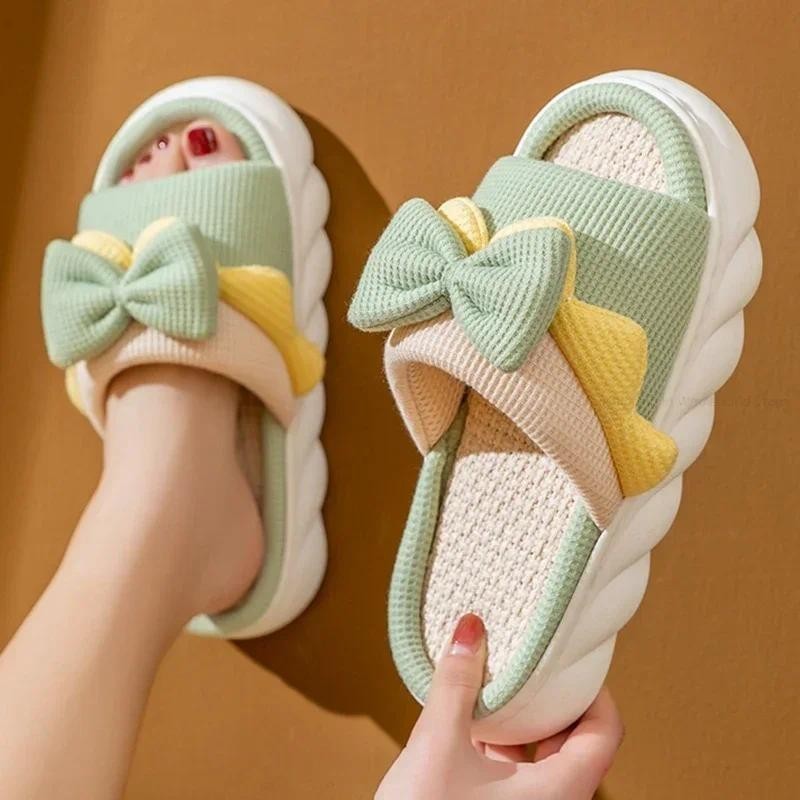 Dép Lanh Nữ Dép Đi Trong Nhà Ấm Áp Chống Trơn Trượt Nhà Giày Cotton Nơ Dễ Thương Dép Phẳng Cặp Đôi Trượt Xuân Hè