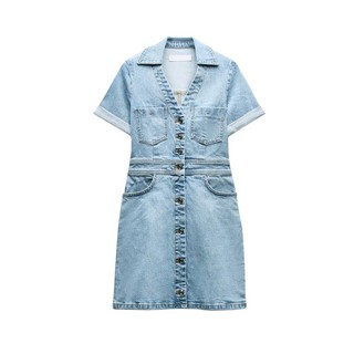 ZA Mùa Hè Sản Phẩm Mới Thời Trang Cổ Chữ V Ngắn Tay Túi Giặt Hiệu Ứng Đầm Mini Denim 1879038