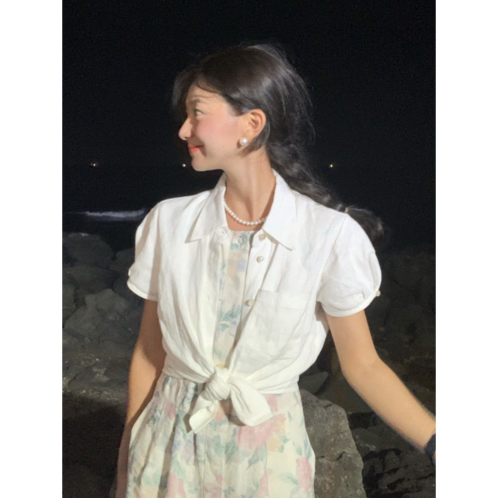 The barnnet Summer Thin Cotton and Linen Top Loose Short Sleeve Cardigan Shirt White Shirt